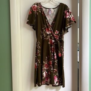 Alya Fit and Flare Floral Wrap Dress in Olive Green